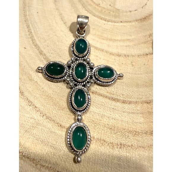 Artisan Sterling Silver Green Onyx Cross Pendant Southwestern Whimsigoth grunge - Picture 1 of 7